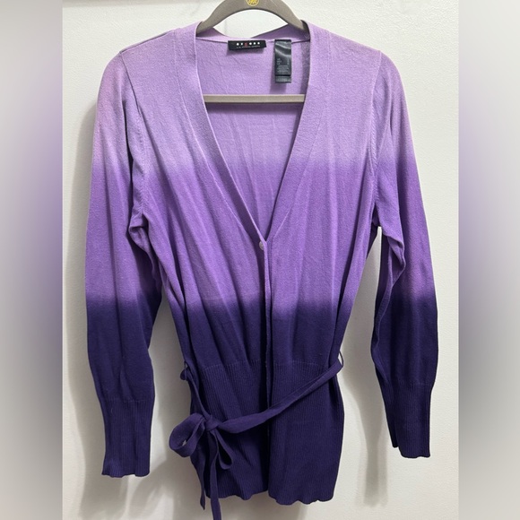 Access Liz Claiborne Purple Ombre Dip Dye Cardigan Cotton Sweater Size Large - Picture 1 of 6